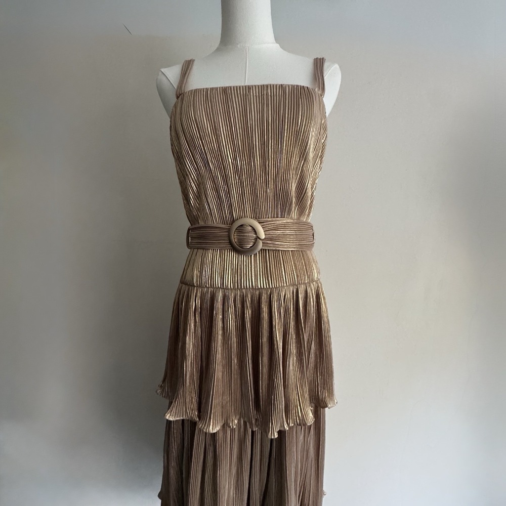 NWT Mac Duggal Ieena 27062 Gold Ruffle Tiered Belted Pleated Dress Size 2 Gown - Picture 2 of 16